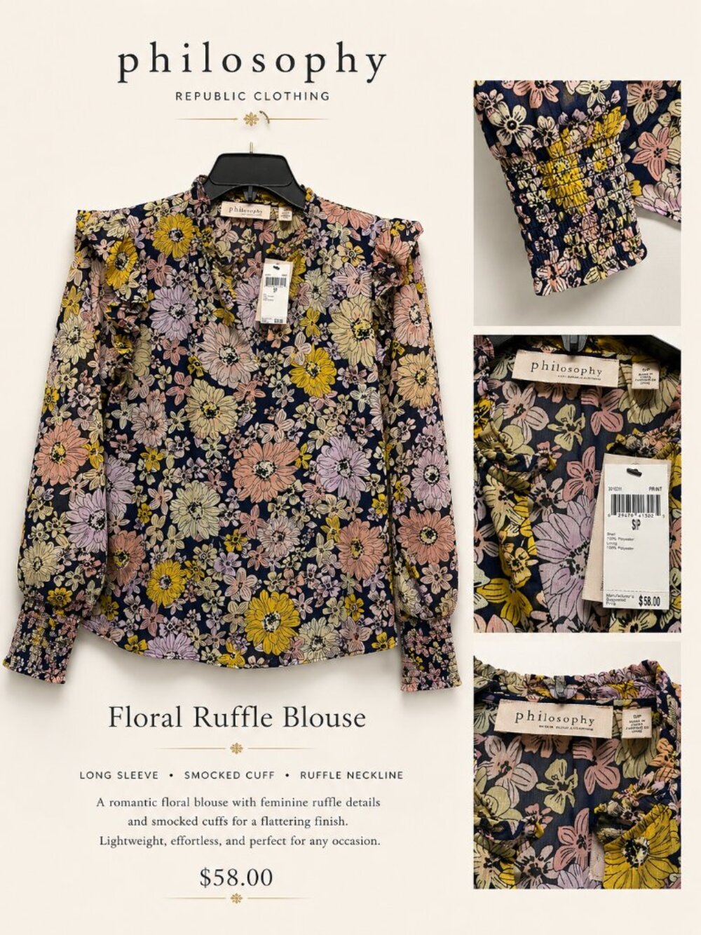 Philosophy Floral Smocked Sleeve Black Top Size S NWT